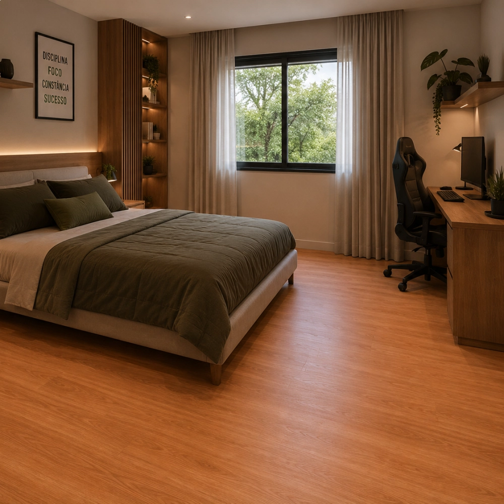 Piso Laminado Eucafloor Clicado Prime Carvalho New ambientado em quarto de casal em conceito minimalista Piso Laminado Eucafloor Clicado Prime Carvalho New ambientado em quarto de casal em conceito minimalista